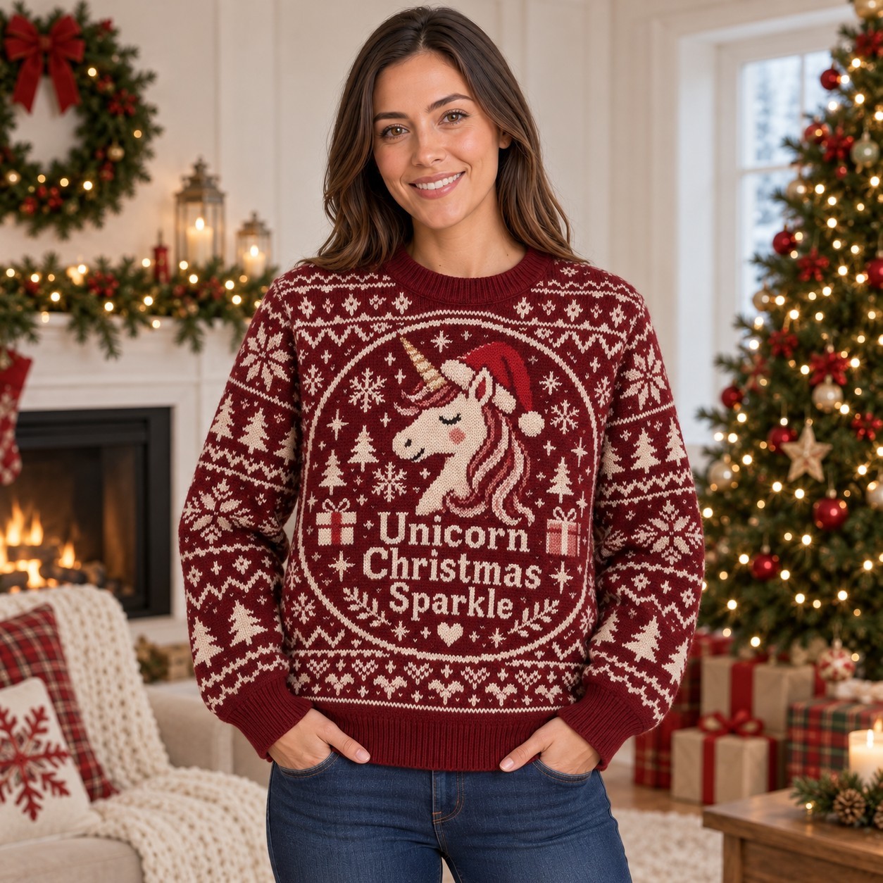 [popular-sweater:PX-13-20:female] Unicorn Christmas Sparkle Ugly Christmas Sweatshirt - Female view