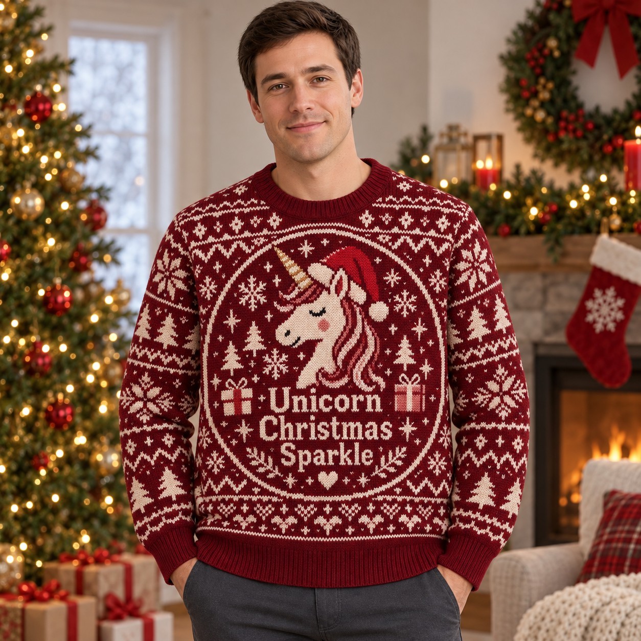 [popular-sweater:PX-13-20:male] Unicorn Christmas Sparkle Ugly Christmas Sweatshirt - Male view