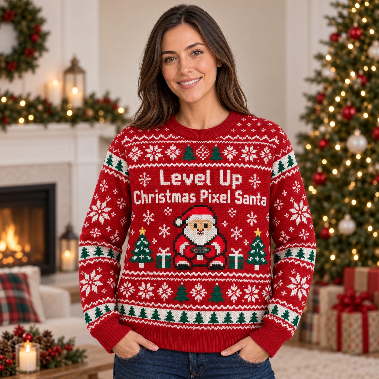 [popular-sweater:PX-14-01:female] Level Up Christmas Pixel Santa Ugly Christmas Sweatshirt - Female view