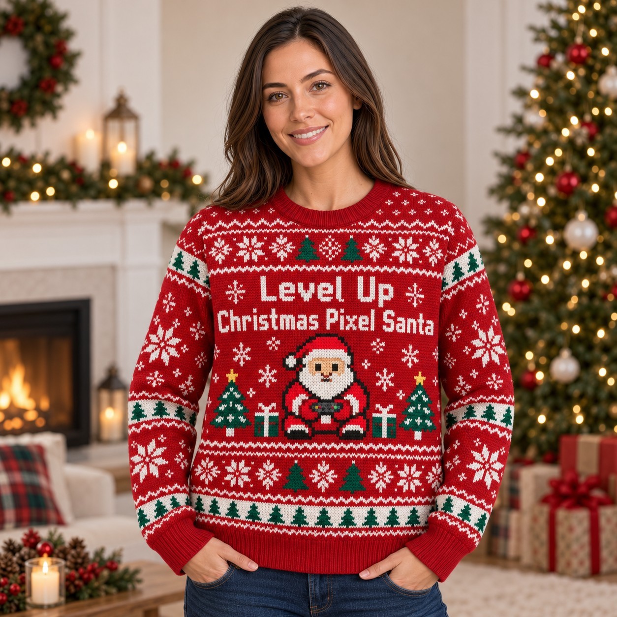 [popular-sweater:PX-14-01:female] Level Up Christmas Pixel Santa Ugly Christmas Sweatshirt - Female view