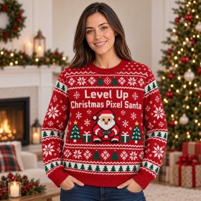 [popular-sweater:PX-14-01:female] Level Up Christmas Pixel Santa Ugly Christmas Sweatshirt - Female view