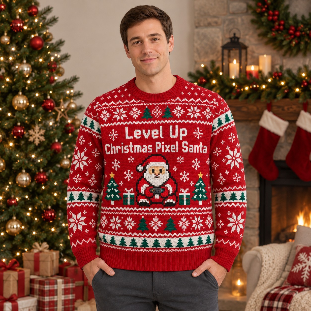[popular-sweater:PX-14-01:male] Level Up Christmas Pixel Santa Ugly Christmas Sweatshirt - Male view