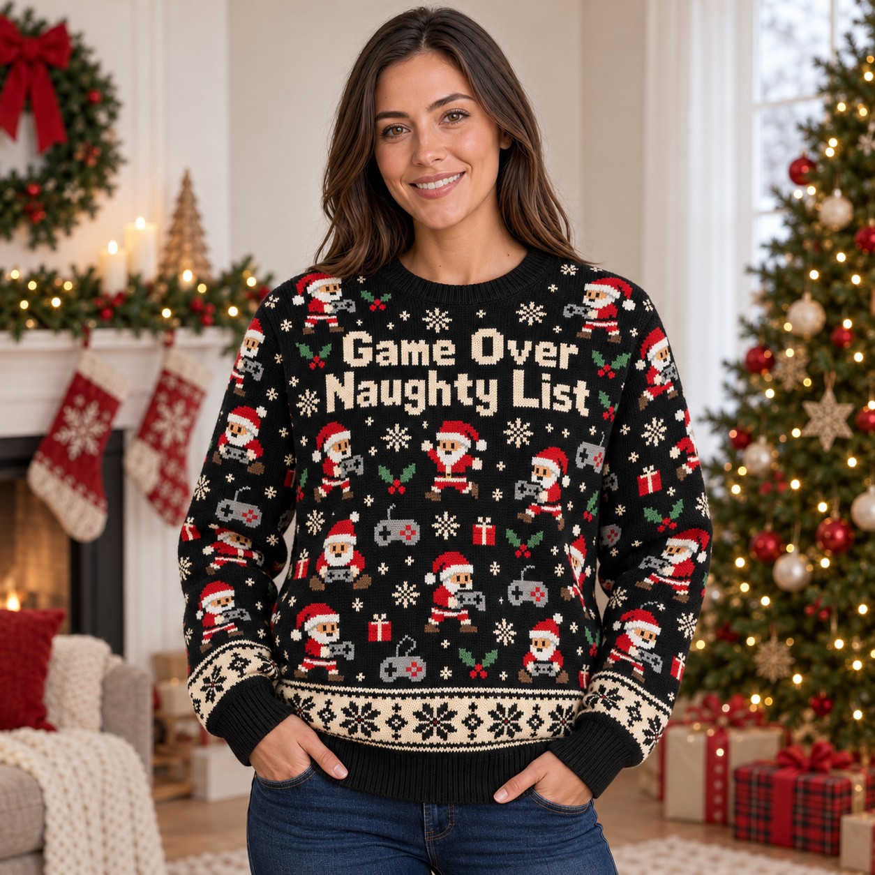 [popular-sweater:PX-14-02:female] Game Over Naughty List Ugly Christmas Sweatshirt - Female view