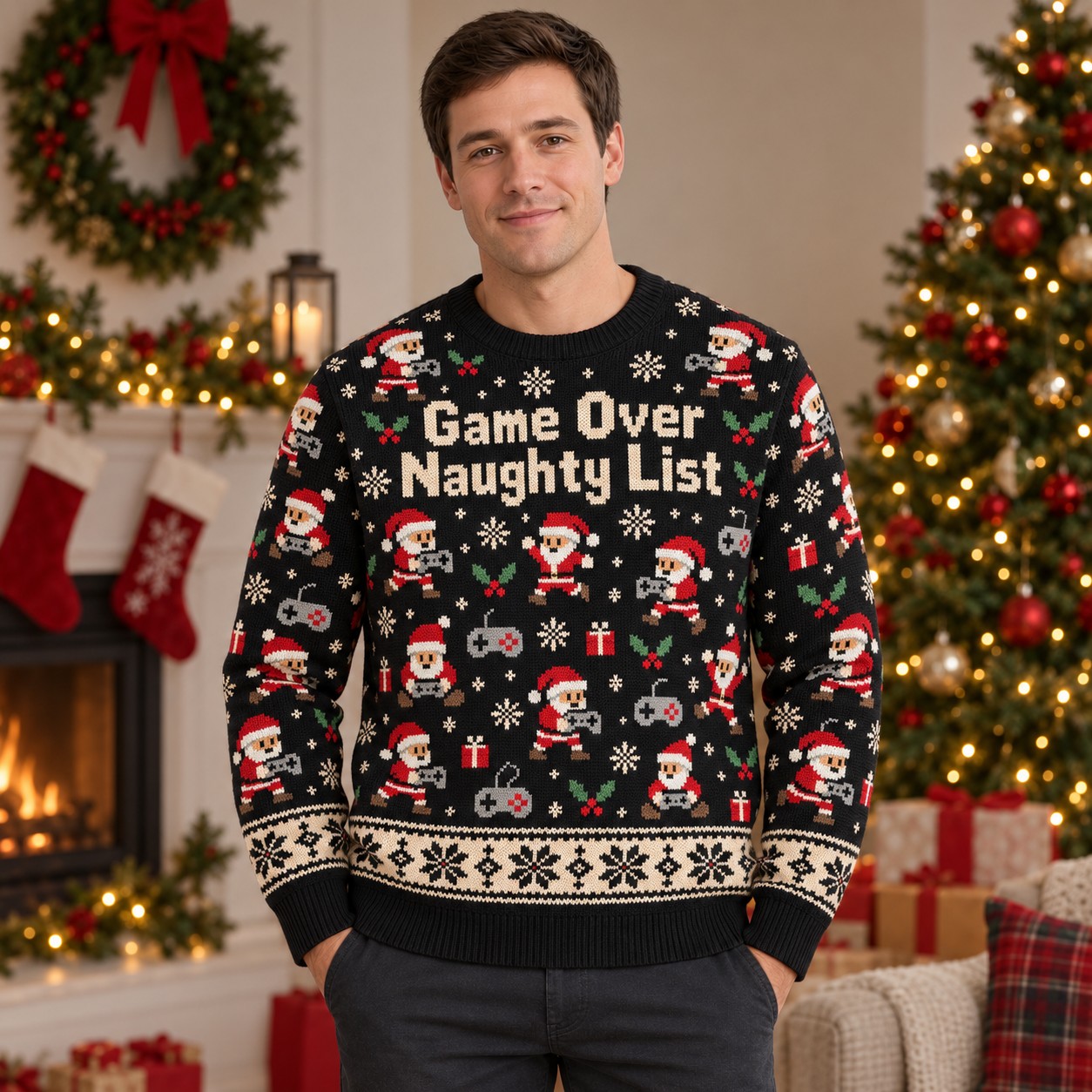 [popular-sweater:PX-14-02:male] Game Over Naughty List Ugly Christmas Sweatshirt - Male view
