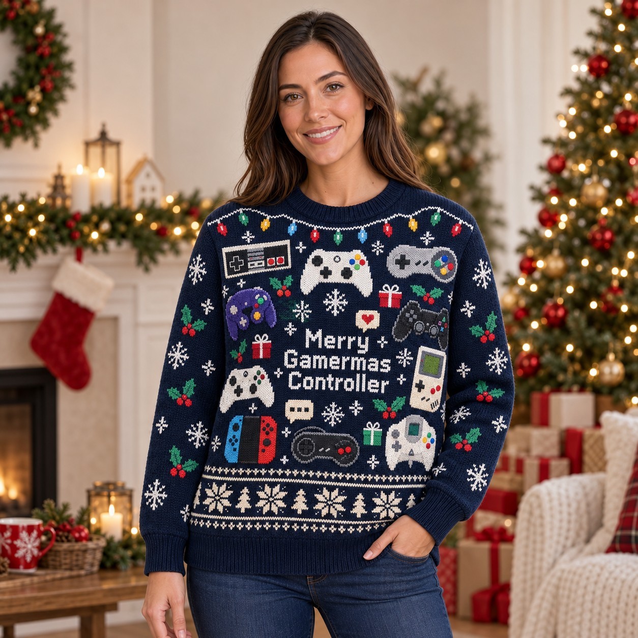 [popular-sweater:PX-14-03:female] Merry Gamermas Controller Ugly Christmas Sweatshirt - Female view