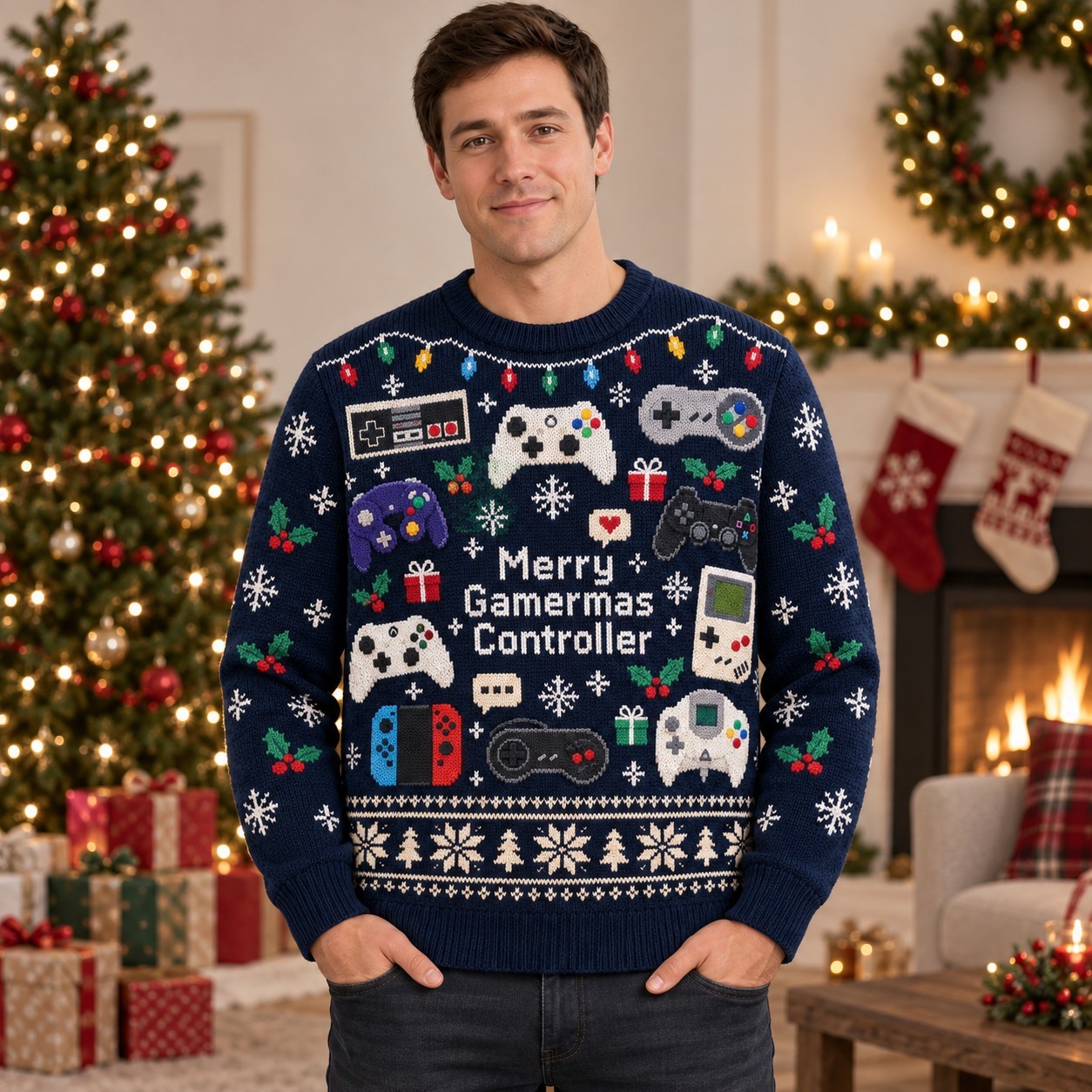 [popular-sweater:PX-14-03:male] Merry Gamermas Controller Ugly Christmas Sweatshirt - Male view