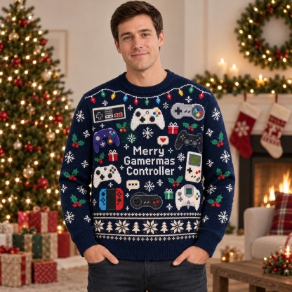 [popular-sweater:PX-14-03:male] Merry Gamermas Controller Ugly Christmas Sweatshirt - Male view