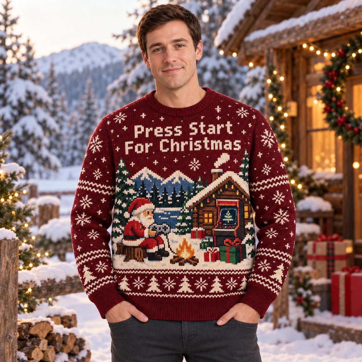 [popular-sweater:PX-14-04:male] Press Start For Christmas Ugly Christmas Sweatshirt - Male view
