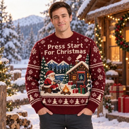 [popular-sweater:PX-14-04:male] Press Start For Christmas Ugly Christmas Sweatshirt - Male view