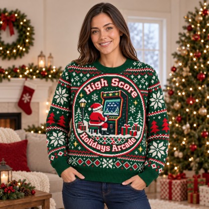[popular-sweater:PX-14-05:female] High Score Holidays Arcade Ugly Christmas Sweatshirt - Female view
