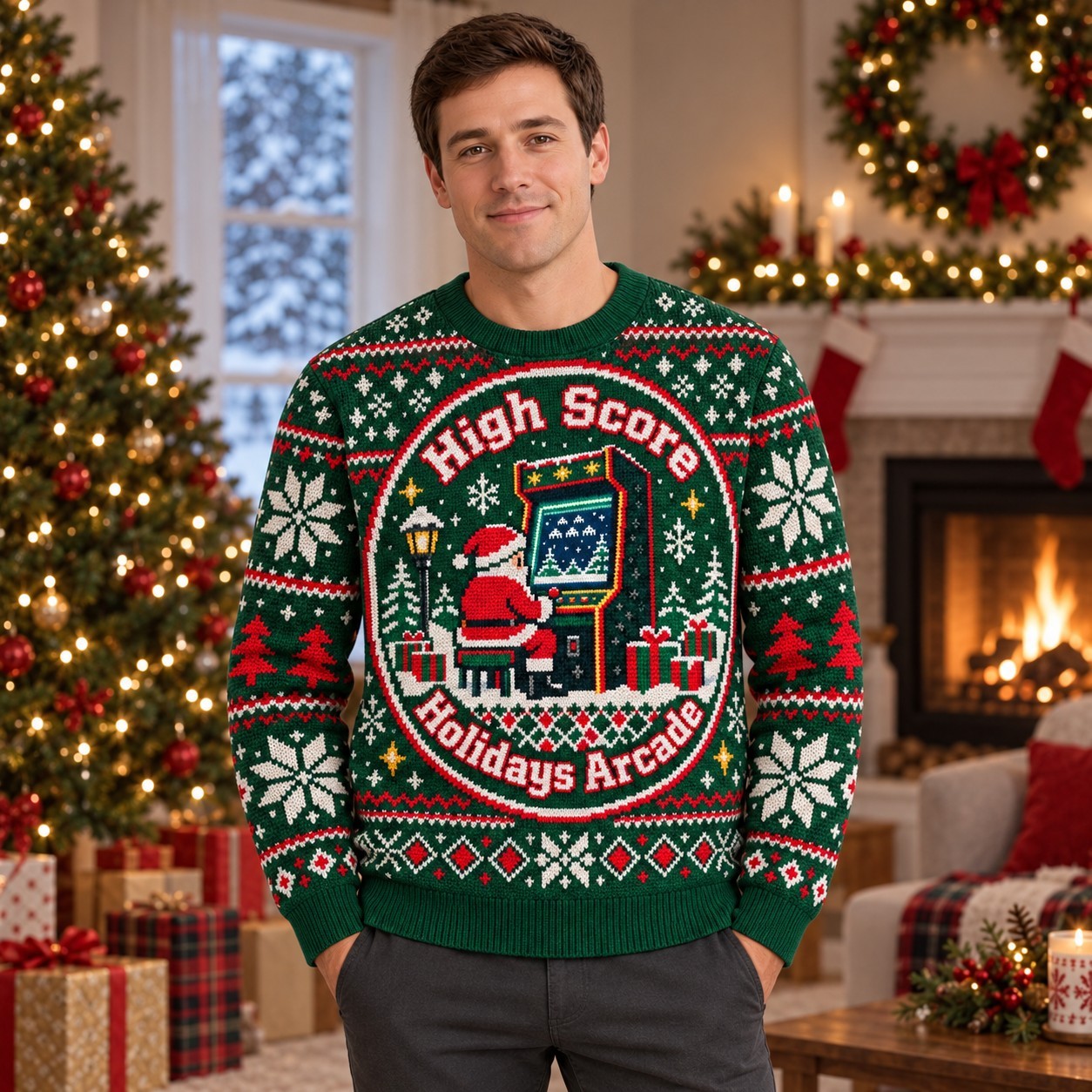 [popular-sweater:PX-14-05:male] High Score Holidays Arcade Ugly Christmas Sweatshirt - Male view