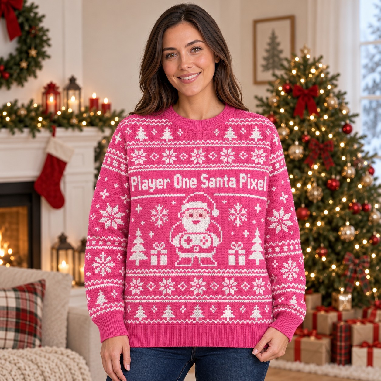 [popular-sweater:PX-14-06:female] Player One Santa Pixel Ugly Christmas Sweatshirt - Female view