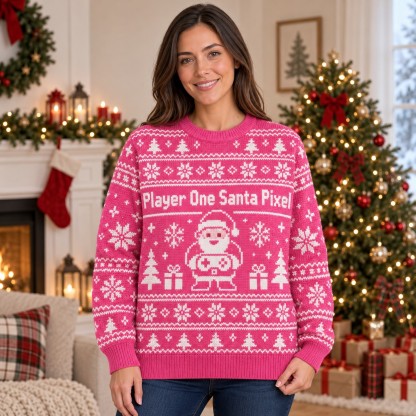 [popular-sweater:PX-14-06:female] Player One Santa Pixel Ugly Christmas Sweatshirt - Female view