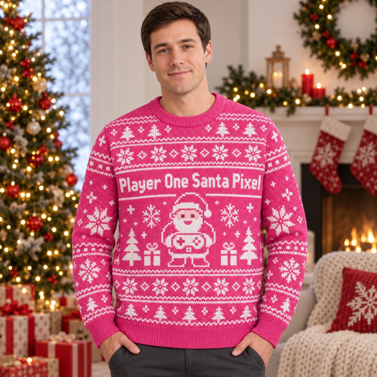 [popular-sweater:PX-14-06:male] Player One Santa Pixel Ugly Christmas Sweatshirt - Male view