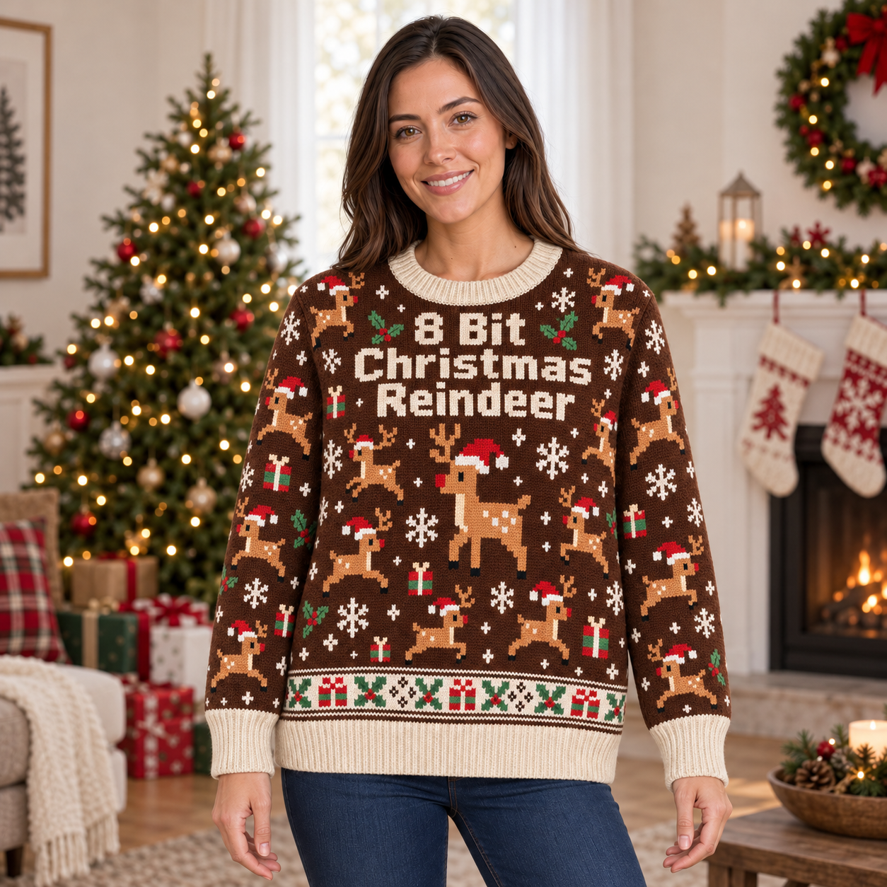[popular-sweater:PX-14-07:female] 8 Bit Christmas Reindeer Ugly Christmas Sweatshirt - Female view