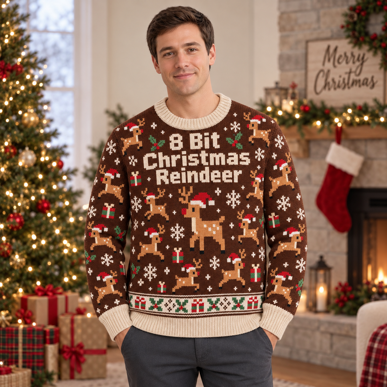 [popular-sweater:PX-14-07:male] 8 Bit Christmas Reindeer Ugly Christmas Sweatshirt - Male view