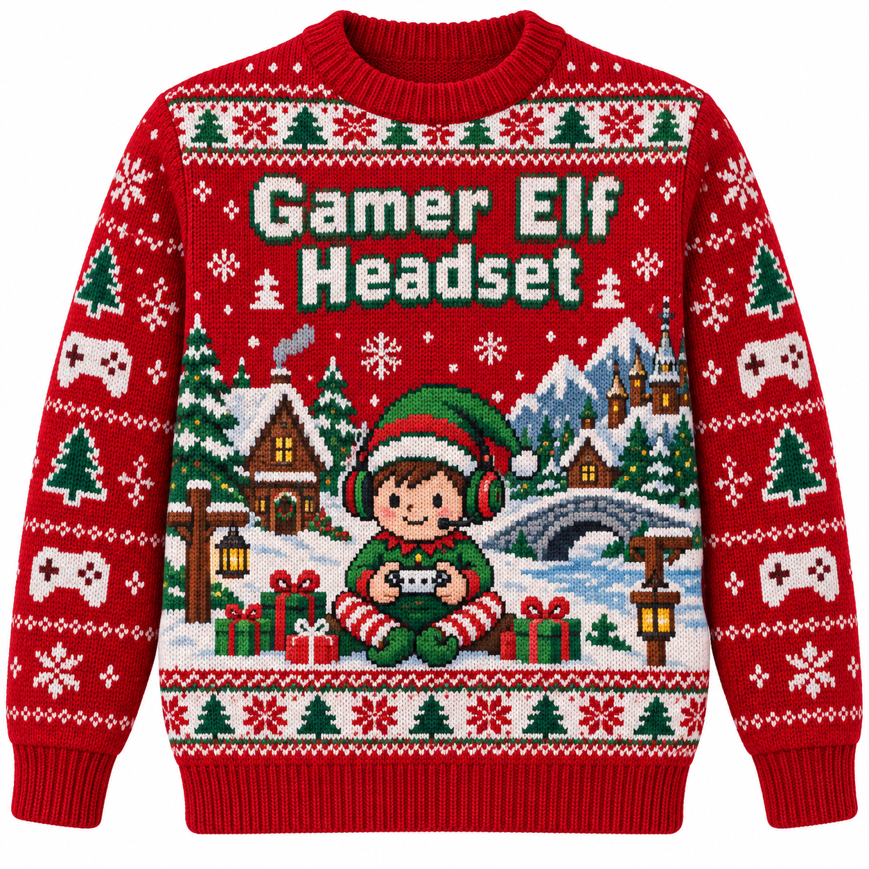 [popular-sweater:PX-14-09:front] Gamer Elf Headset Ugly Christmas Sweatshirt - Front view