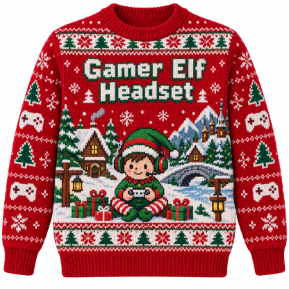 [popular-sweater:PX-14-09:front] Gamer Elf Headset Ugly Christmas Sweatshirt - Front view
