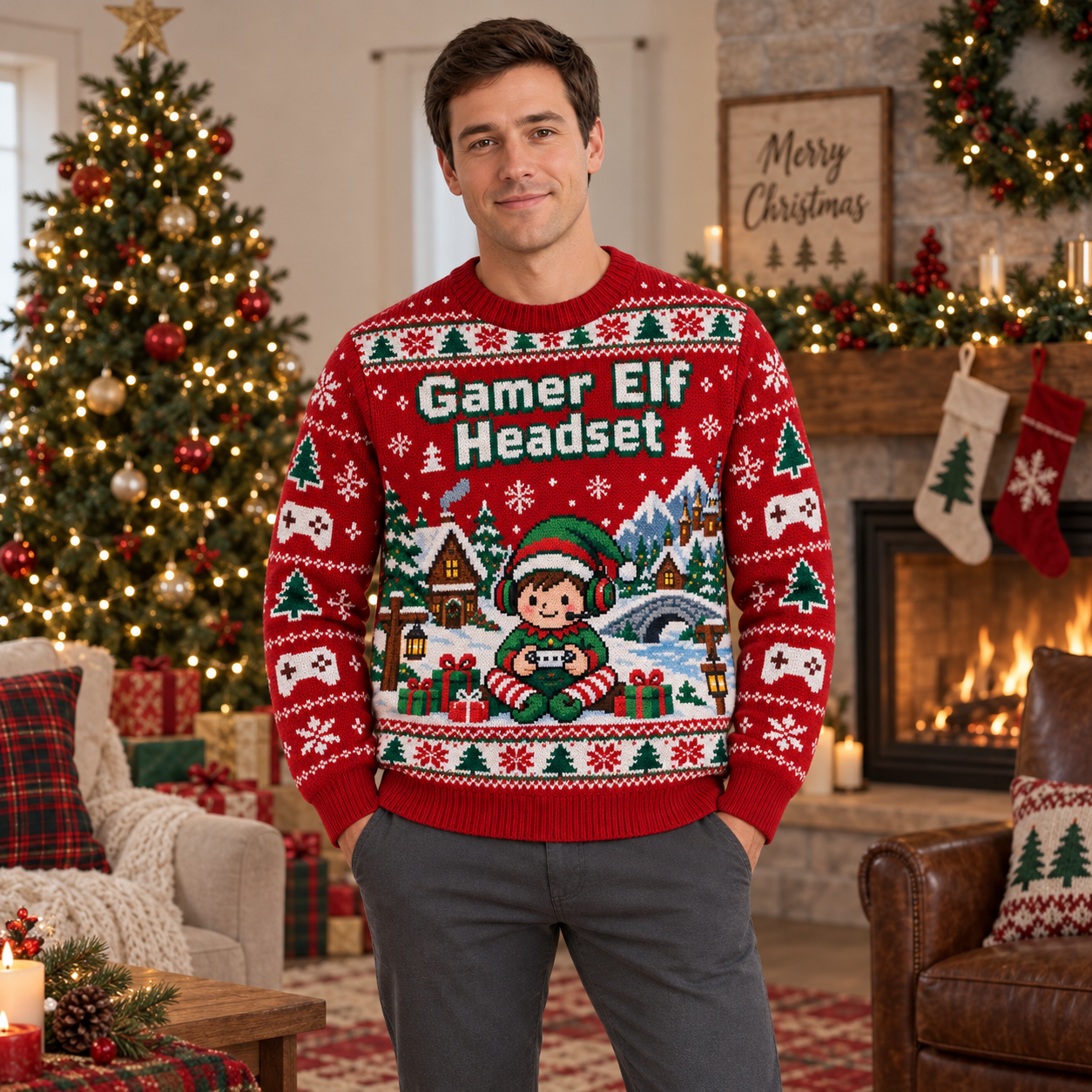 [popular-sweater:PX-14-09:male] Gamer Elf Headset Ugly Christmas Sweatshirt - Male view