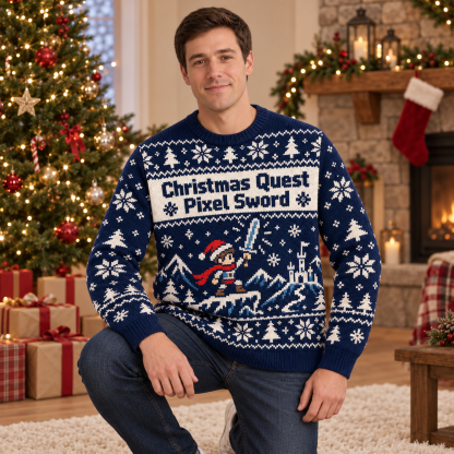 [popular-sweater:PX-14-11:male] Christmas Quest Pixel Sword Ugly Christmas Sweatshirt - Male view