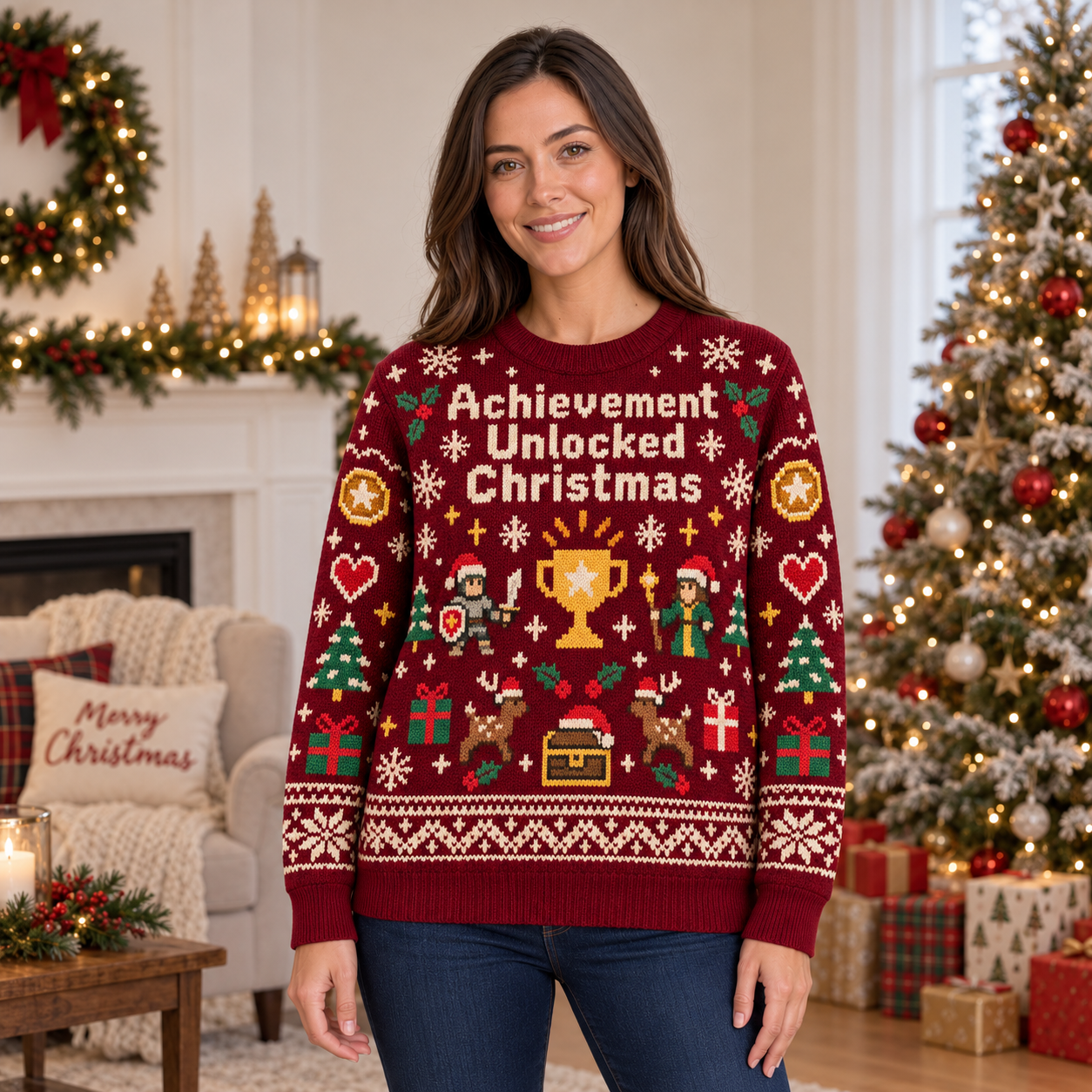 [popular-sweater:PX-14-12:female] Achievement Unlocked Christmas Ugly Christmas Sweatshirt - Female view