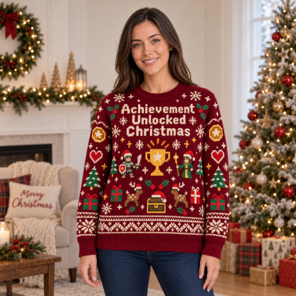 [popular-sweater:PX-14-12:female] Achievement Unlocked Christmas Ugly Christmas Sweatshirt - Female view