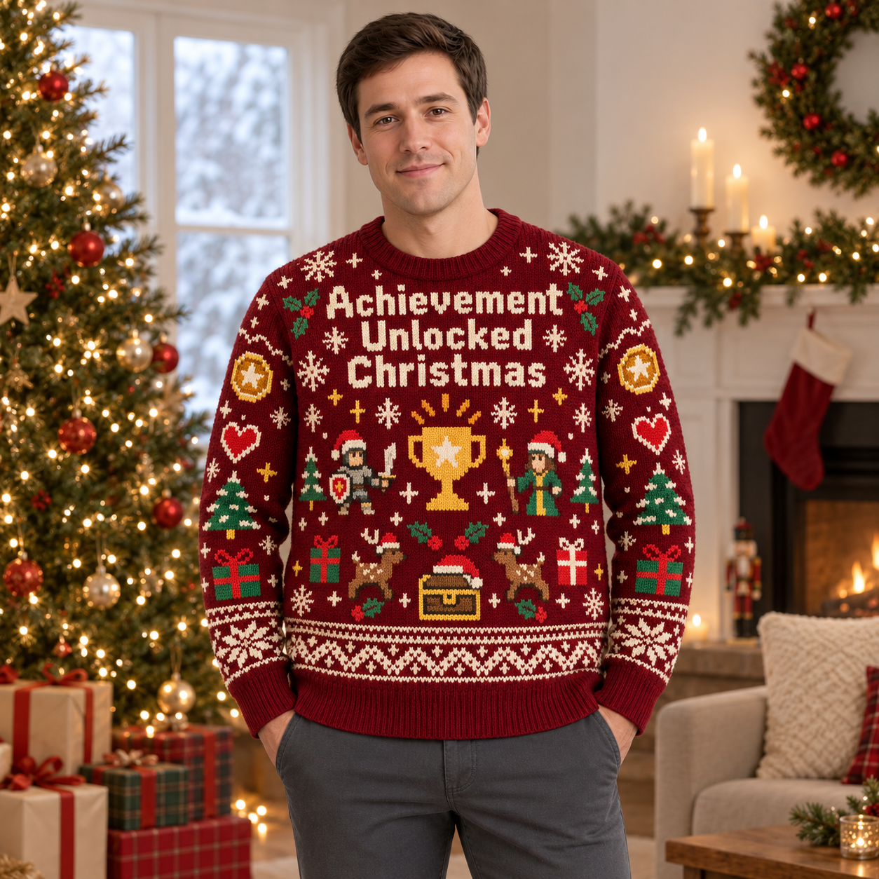 [popular-sweater:PX-14-12:male] Achievement Unlocked Christmas Ugly Christmas Sweatshirt - Male view