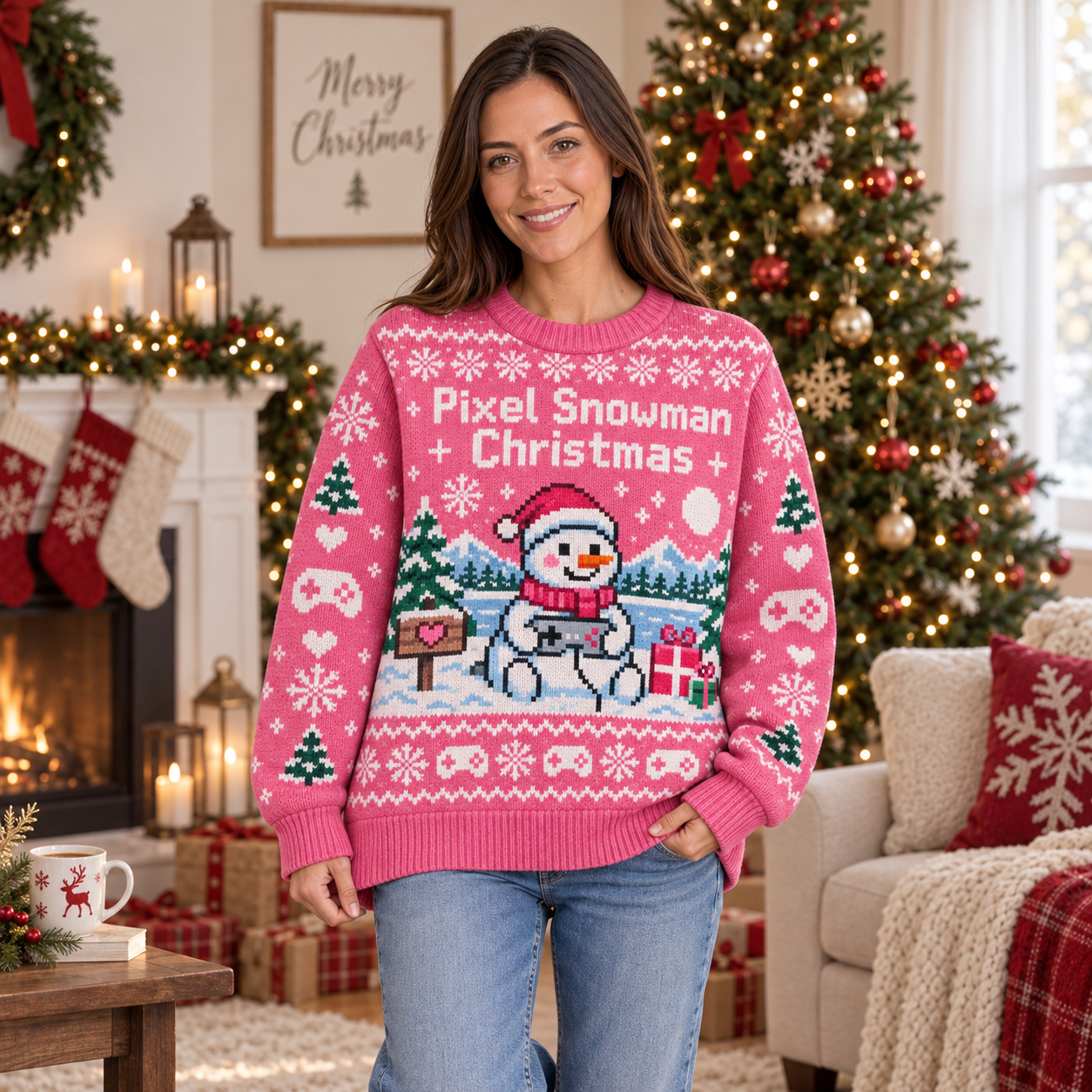 [popular-sweater:PX-14-14:female] Pixel Snowman Christmas Ugly Christmas Sweatshirt - Female view