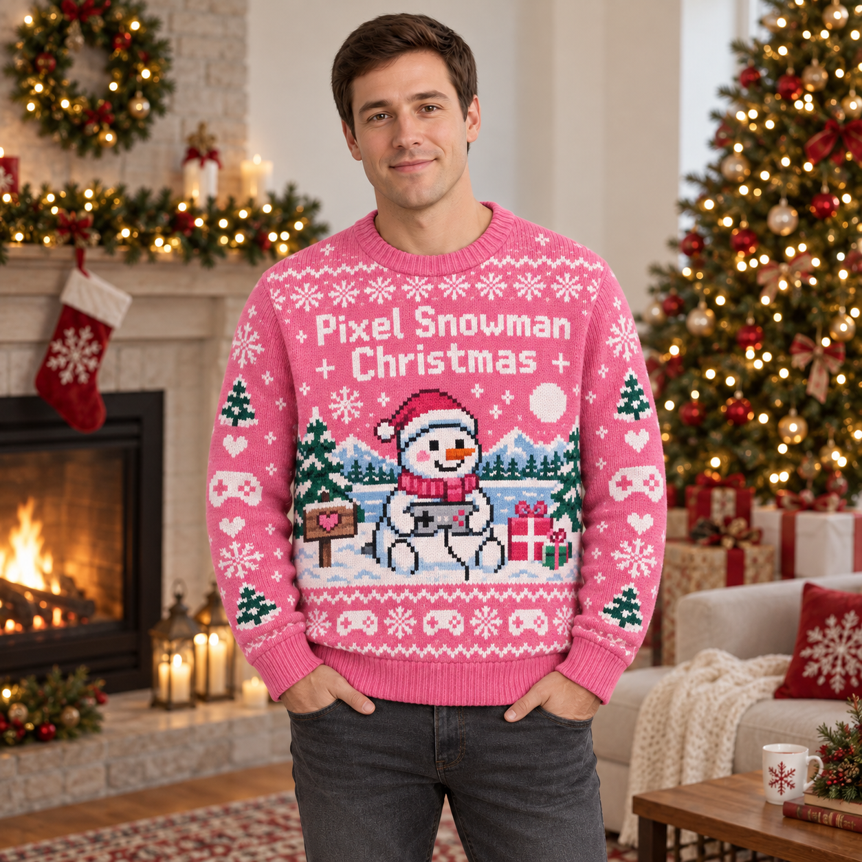 [popular-sweater:PX-14-14:male] Pixel Snowman Christmas Ugly Christmas Sweatshirt - Male view