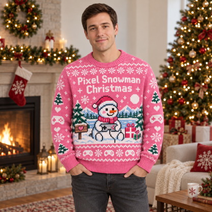 [popular-sweater:PX-14-14:male] Pixel Snowman Christmas Ugly Christmas Sweatshirt - Male view