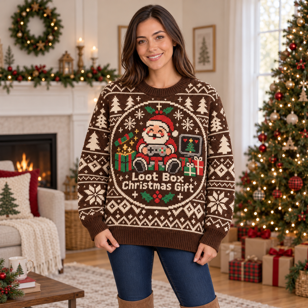 [popular-sweater:PX-14-15:female] Loot Box Christmas Gift Ugly Christmas Sweatshirt - Female view