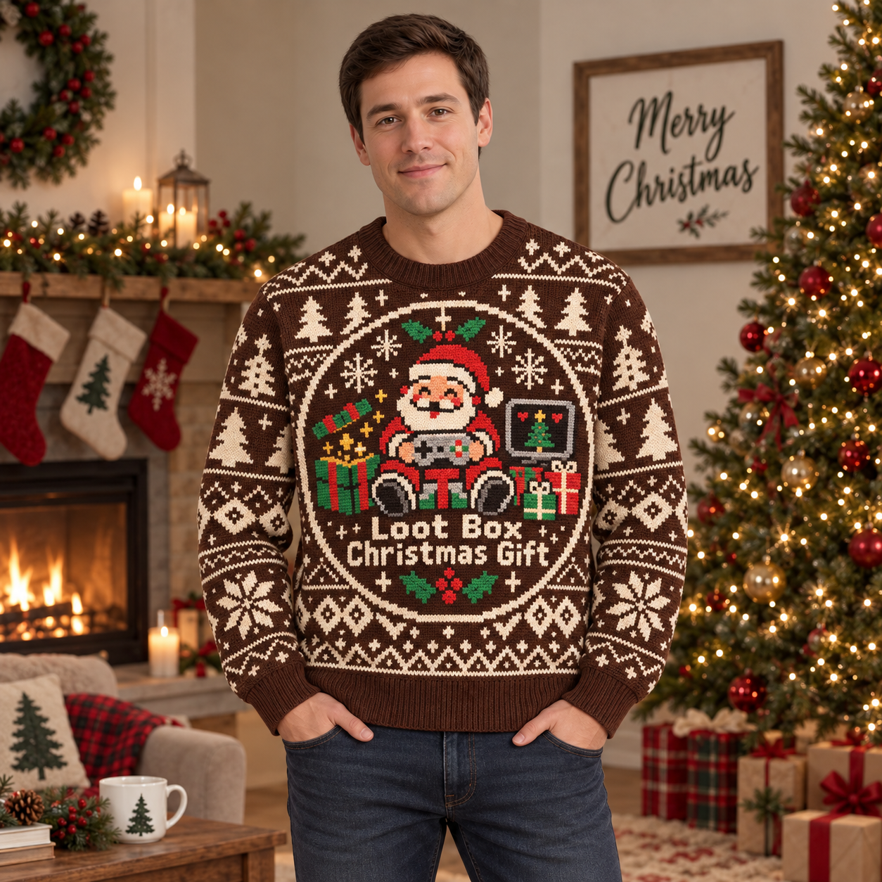 [popular-sweater:PX-14-15:male] Loot Box Christmas Gift Ugly Christmas Sweatshirt - Male view