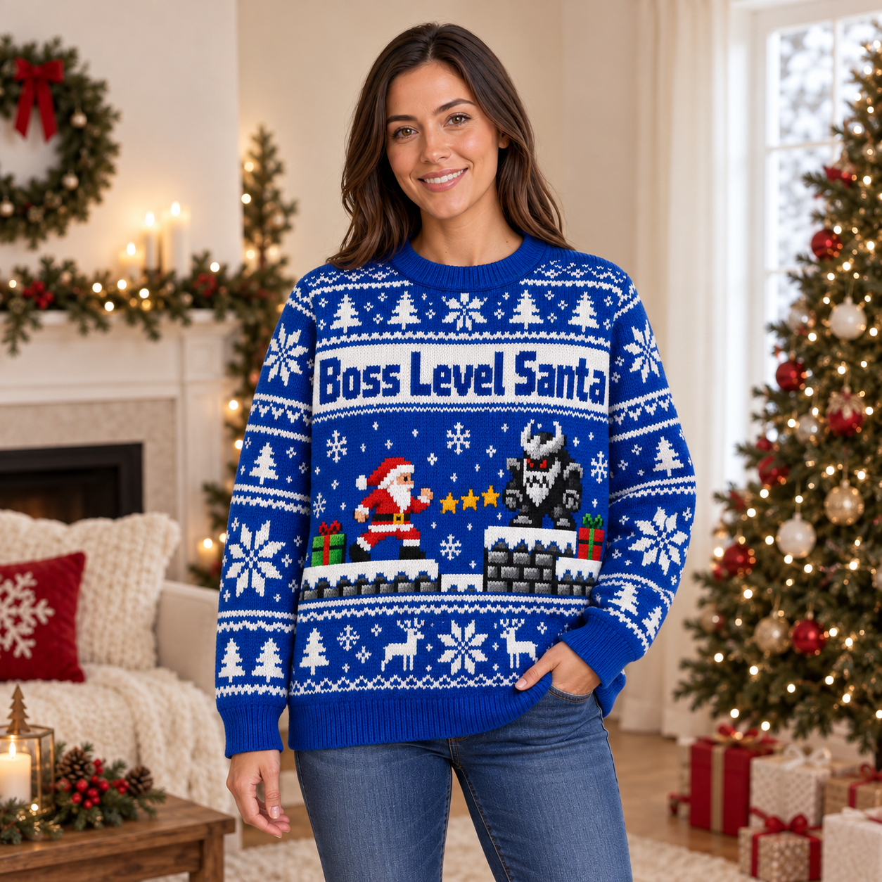 [popular-sweater:PX-14-16:female] Boss Level Santa Ugly Christmas Sweatshirt - Female view
