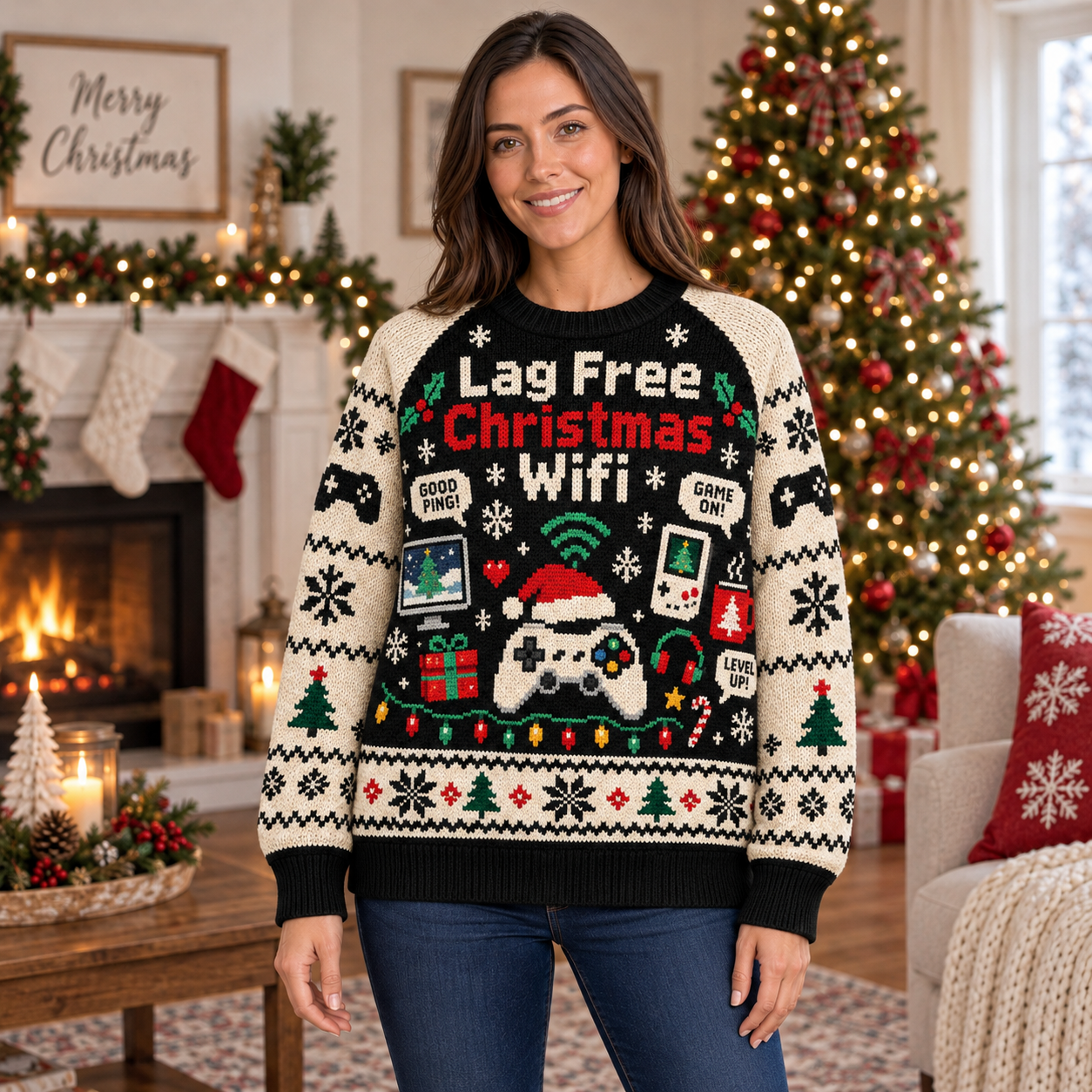[popular-sweater:PX-14-18:female] Lag Free Christmas Wifi Ugly Christmas Sweatshirt - Female view