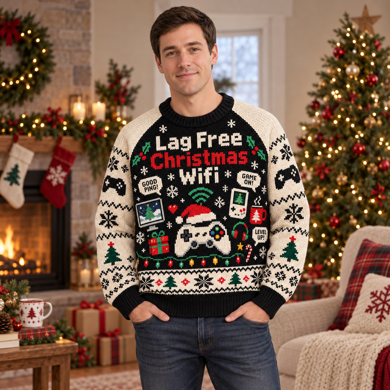 [popular-sweater:PX-14-18:male] Lag Free Christmas Wifi Ugly Christmas Sweatshirt - Male view