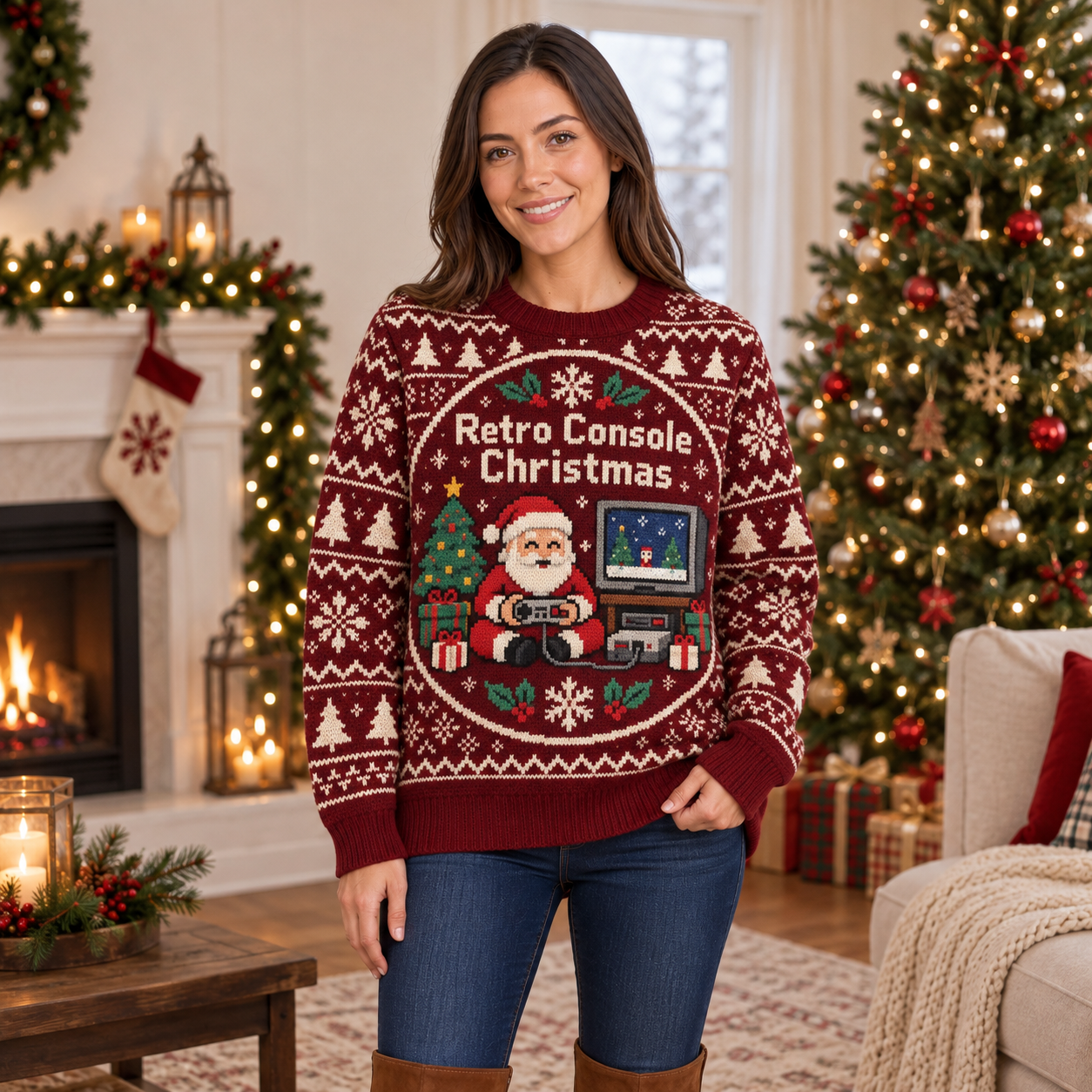[popular-sweater:PX-14-20:female] Retro Console Christmas Ugly Christmas Sweatshirt - Female view