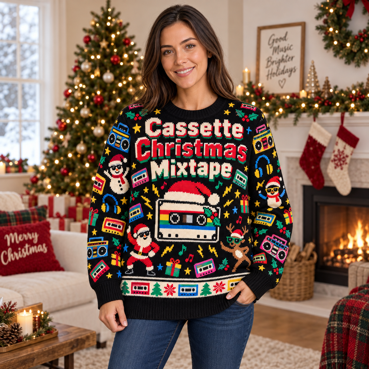 [popular-sweater:PX-15-02:female] Cassette Christmas Mixtape Ugly Christmas Sweatshirt - Female view