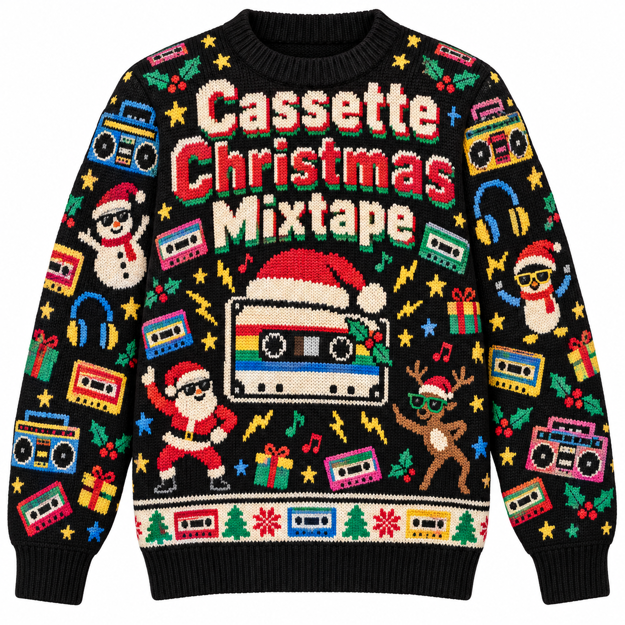 [popular-sweater:PX-15-02:front] Cassette Christmas Mixtape Ugly Christmas Sweatshirt - Front view
