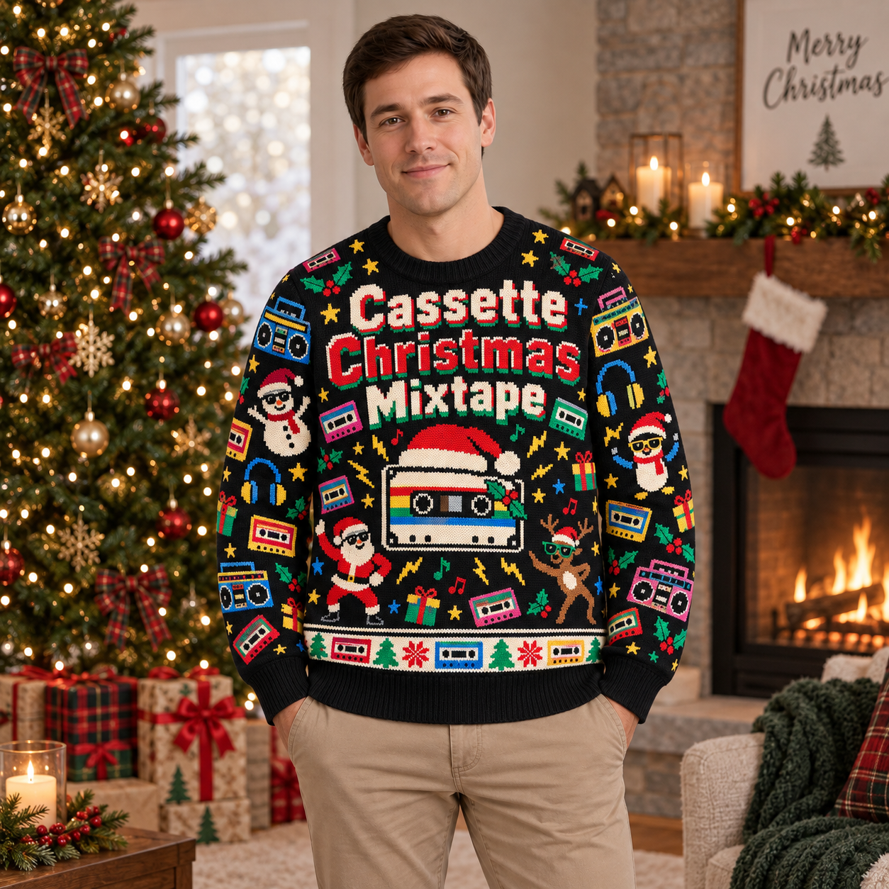 [popular-sweater:PX-15-02:male] Cassette Christmas Mixtape Ugly Christmas Sweatshirt - Male view