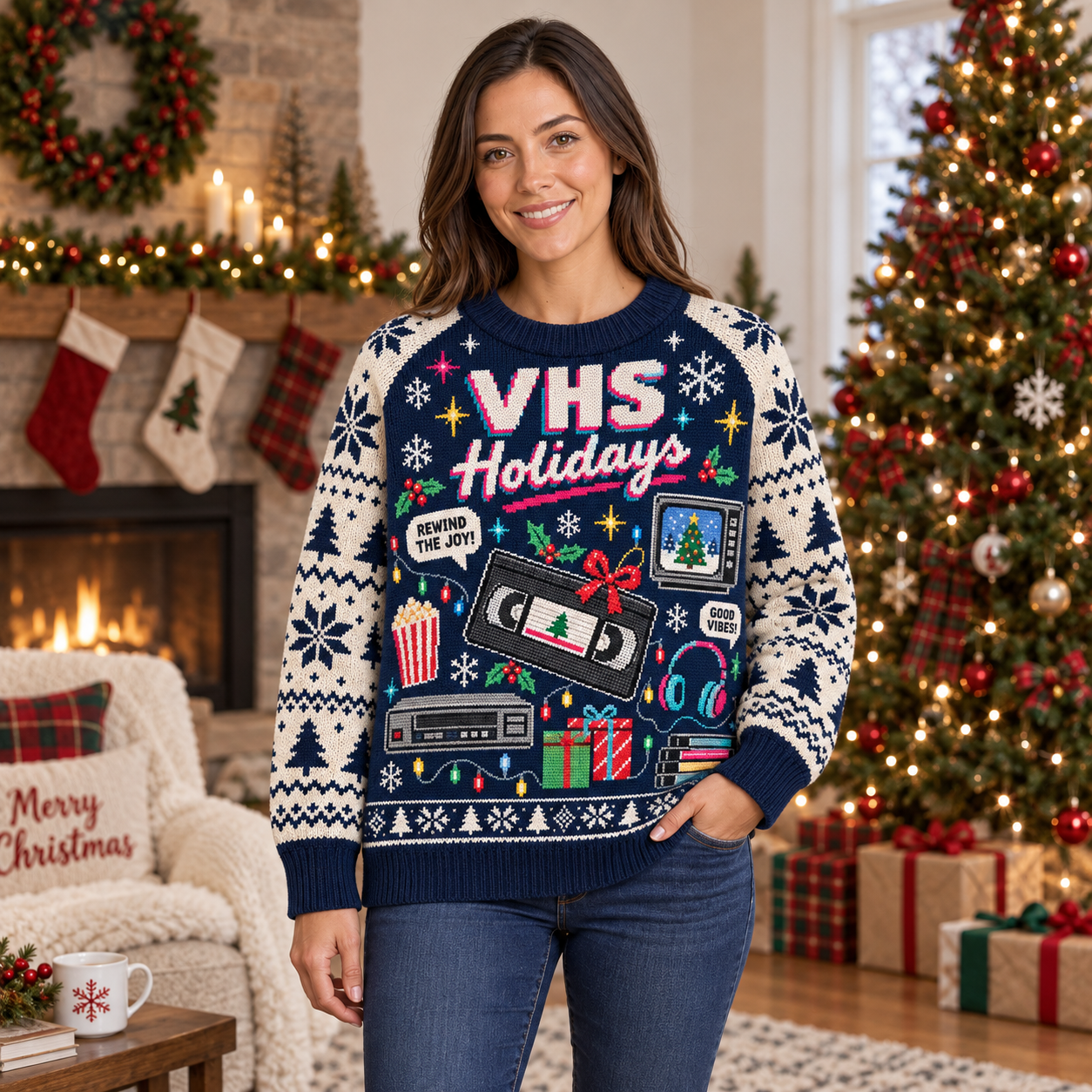 [popular-sweater:PX-15-03:female] VHS Holidays Ugly Christmas Sweatshirt - Female view