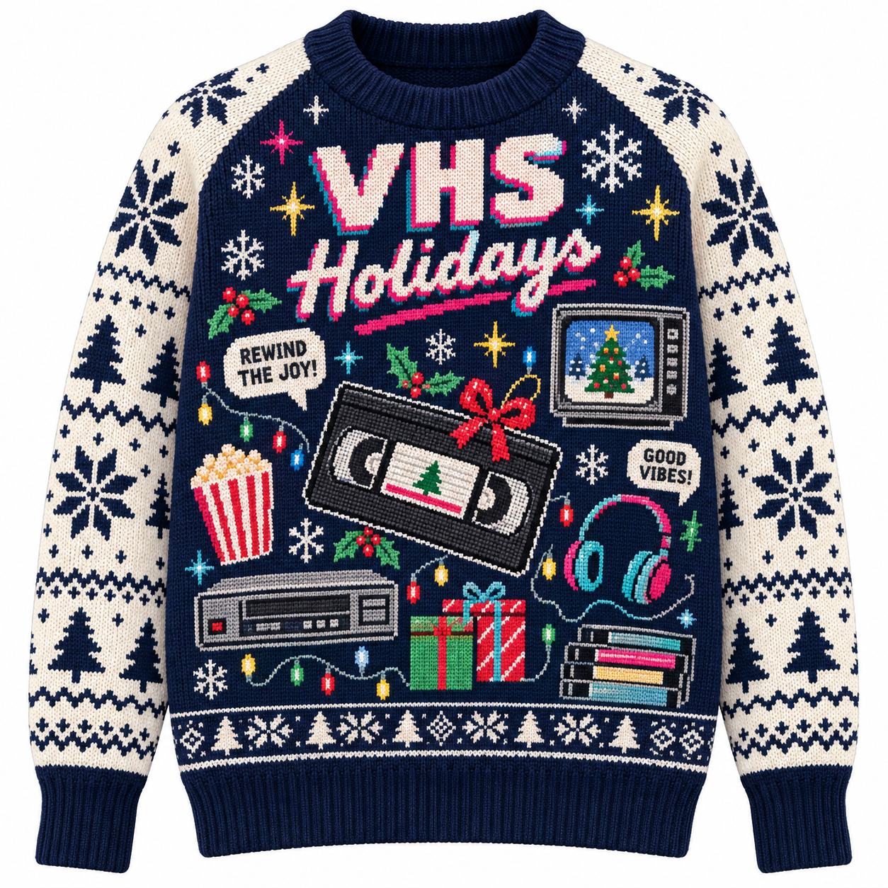 [popular-sweater:PX-15-03:front] VHS Holidays Ugly Christmas Sweatshirt - Front view