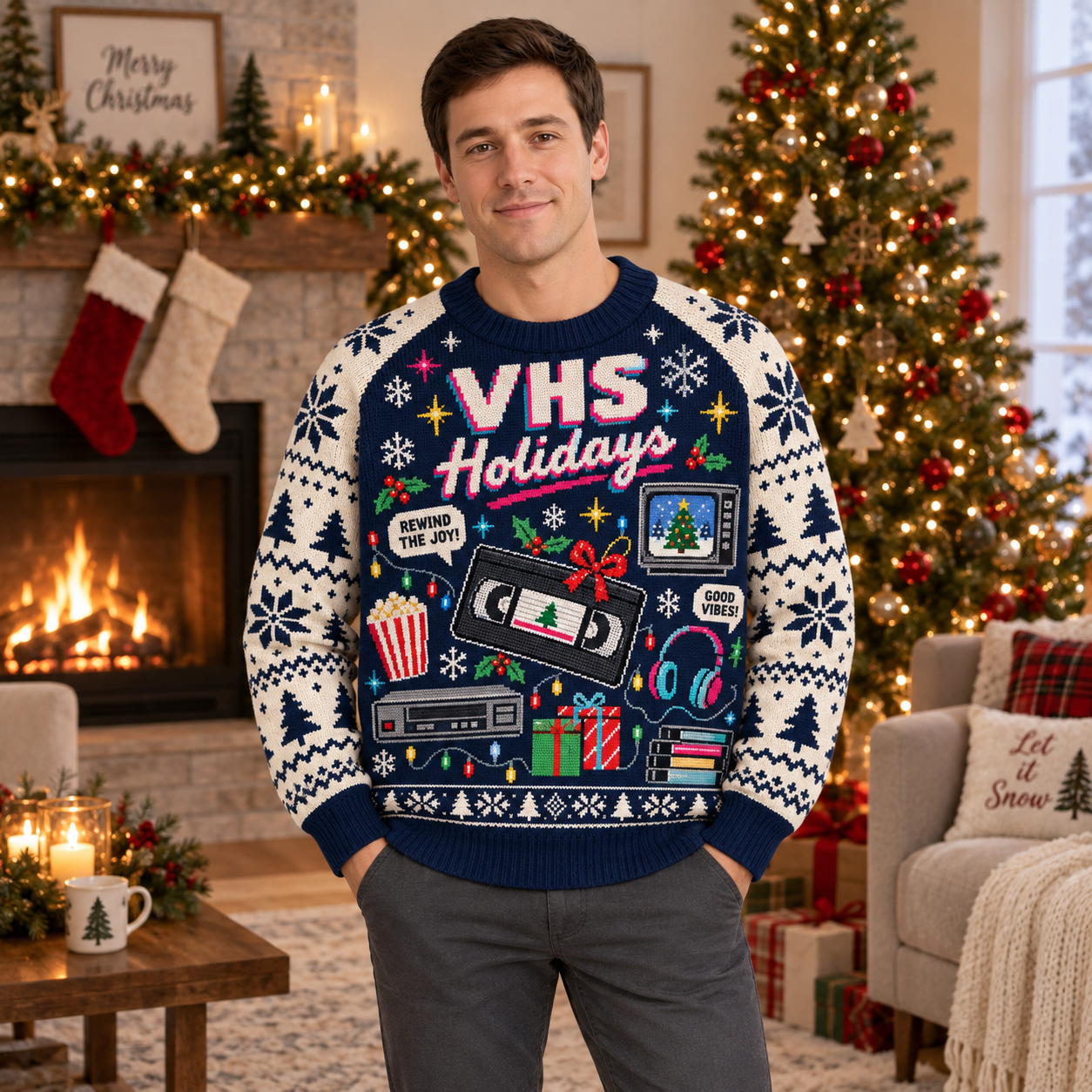 [popular-sweater:PX-15-03:male] VHS Holidays Ugly Christmas Sweatshirt - Male view
