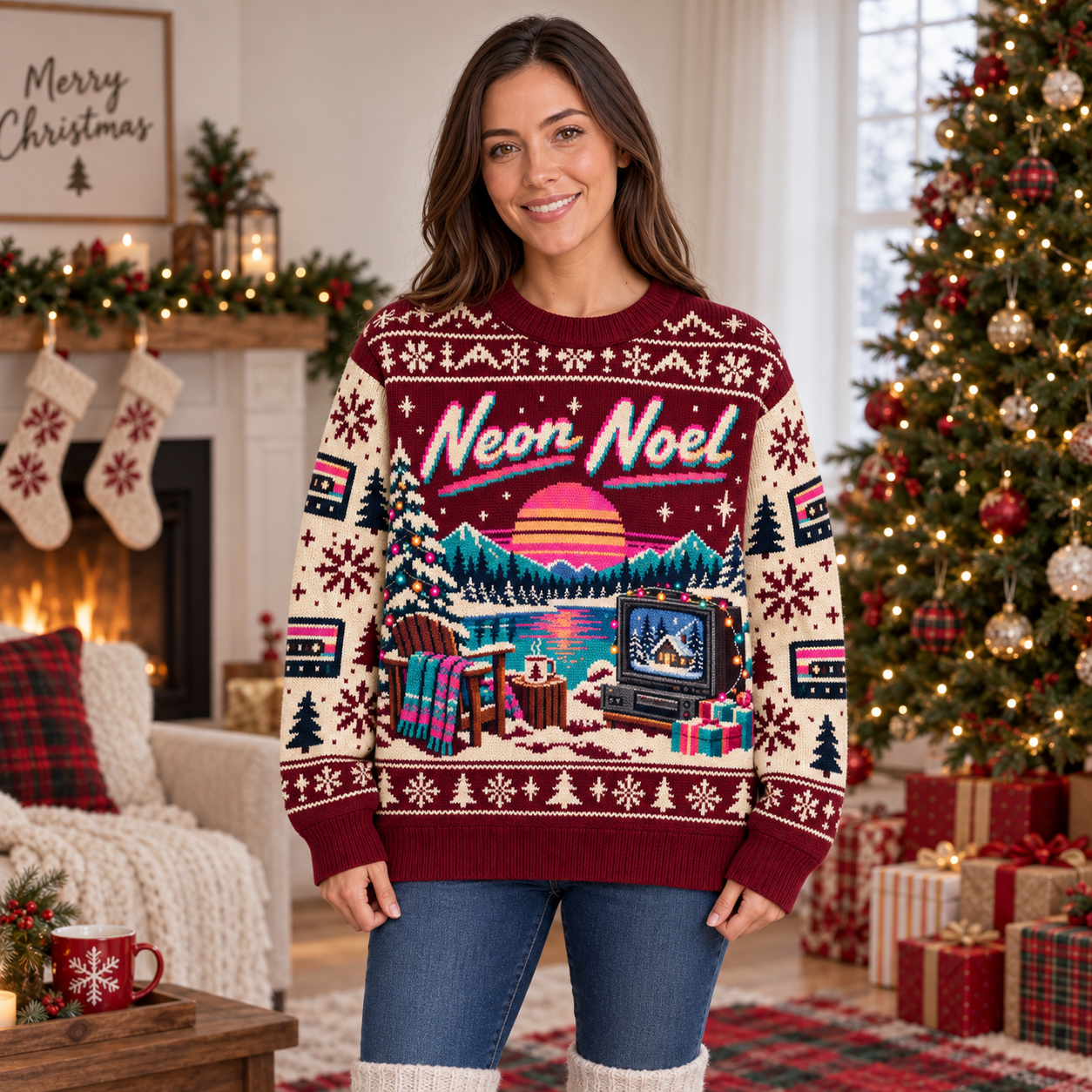 [popular-sweater:PX-15-04:female] Neon Noel Ugly Christmas Sweatshirt - Female view