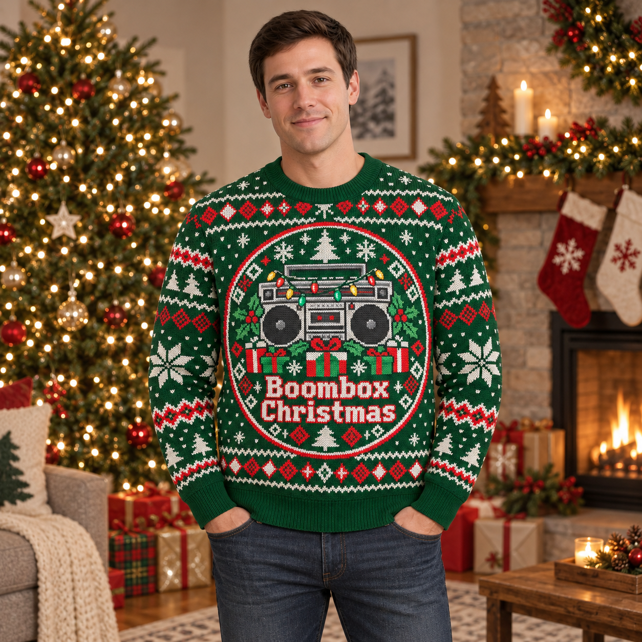 [popular-sweater:PX-15-05:male] Boombox Christmas Ugly Christmas Sweatshirt - Male view