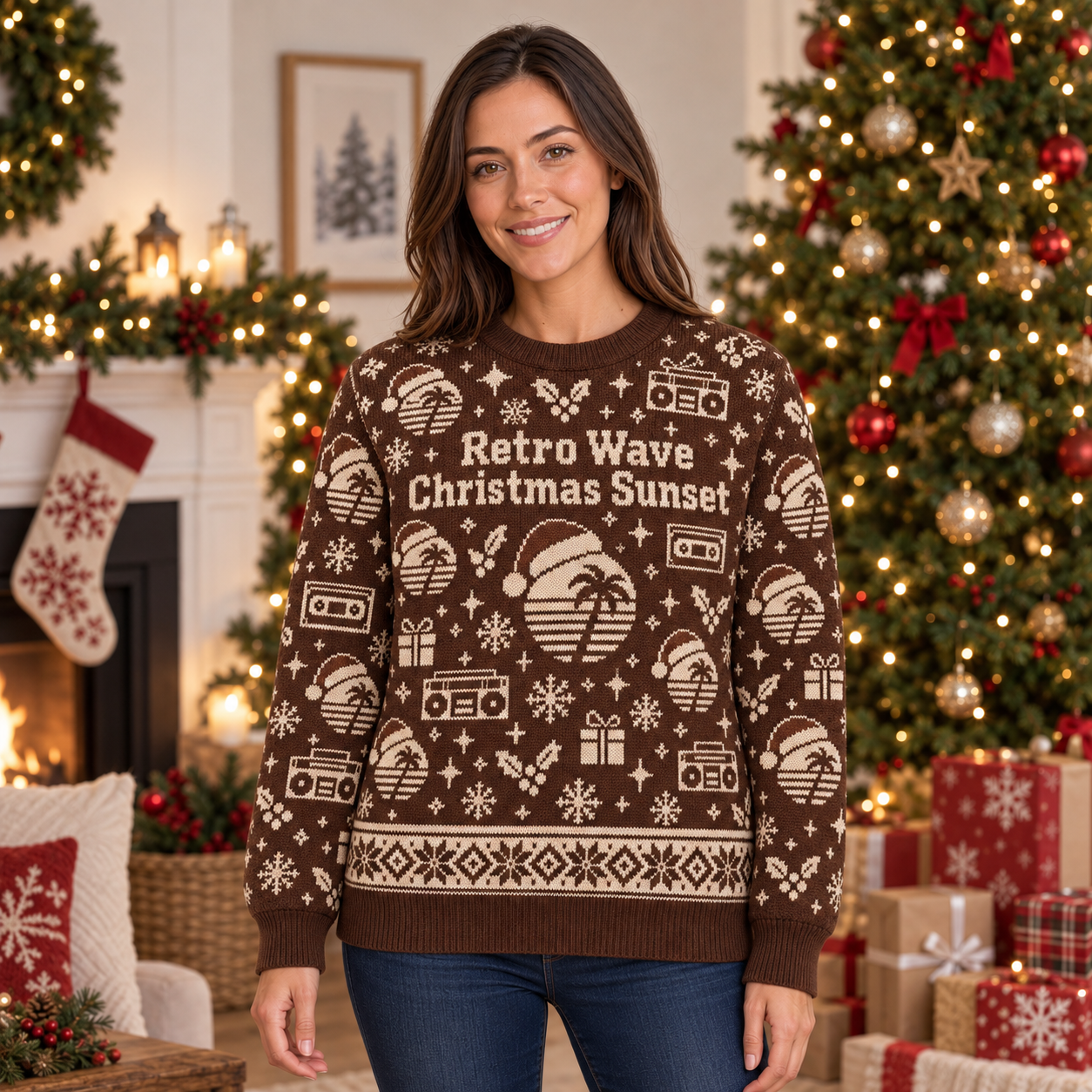[popular-sweater:PX-15-07:female] Retro Wave Christmas Sunset Ugly Christmas Sweatshirt - Female view