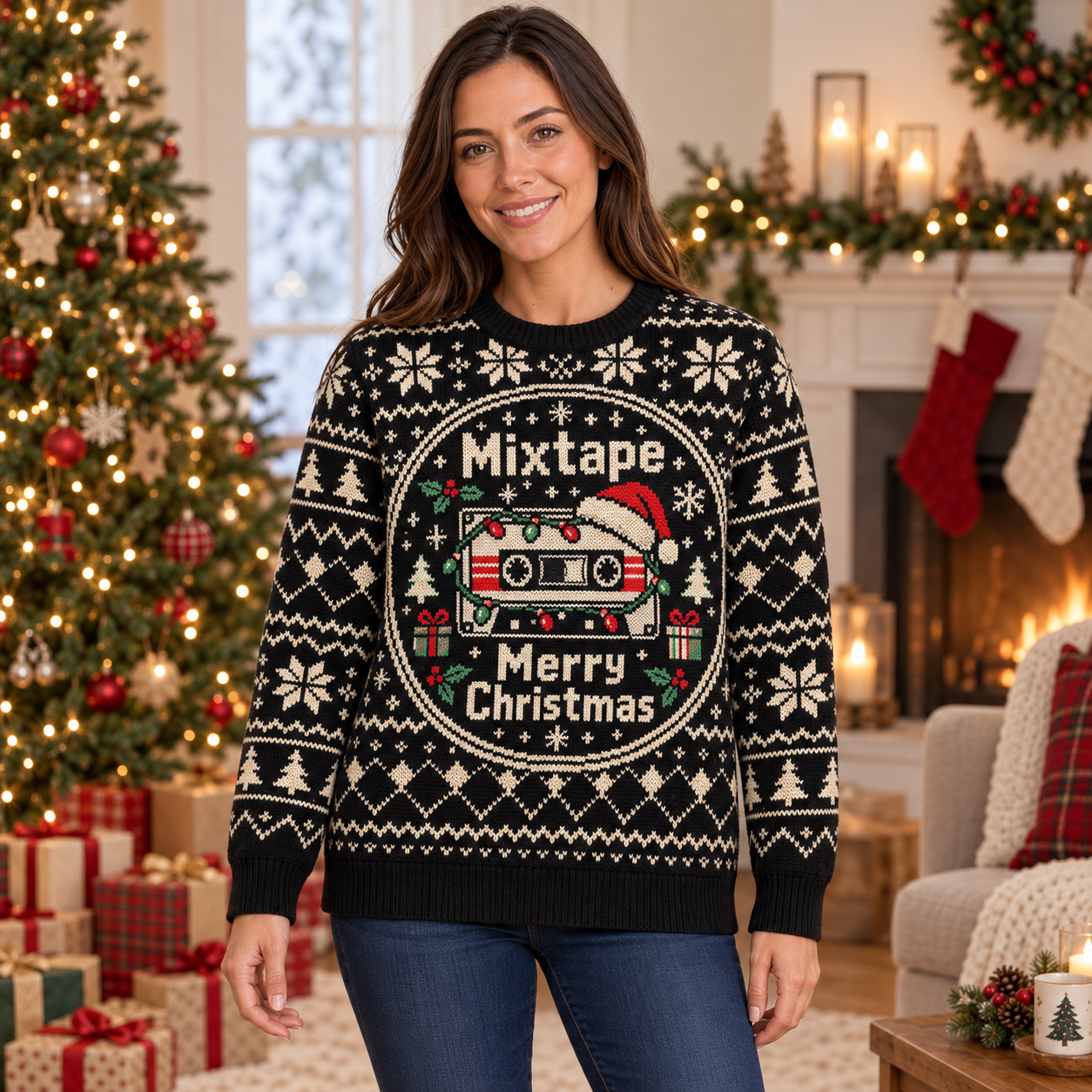 [popular-sweater:PX-15-10:female] Mixtape Merry Christmas Ugly Christmas Sweatshirt - Female view