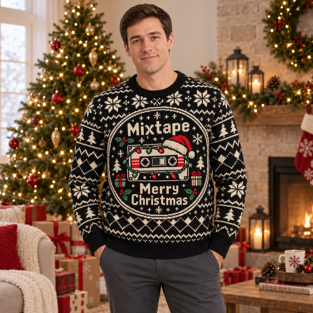 [popular-sweater:PX-15-10:male] Mixtape Merry Christmas Ugly Christmas Sweatshirt - Male view