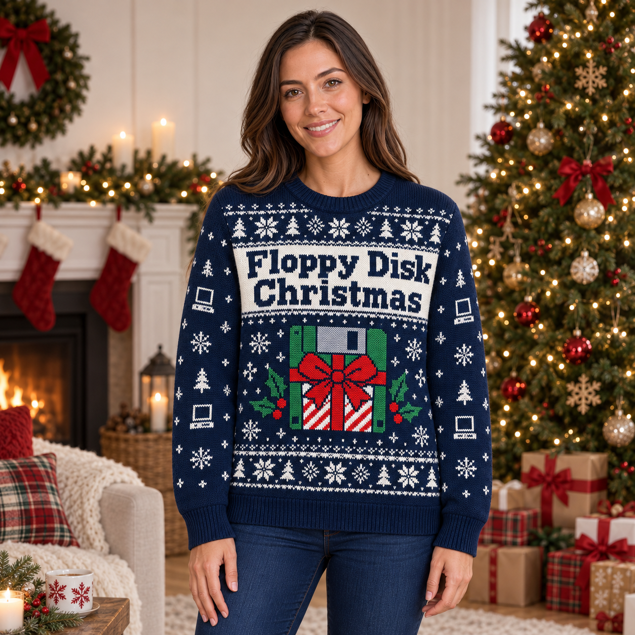 [popular-sweater:PX-15-11:female] Floppy Disk Christmas Ugly Christmas Sweatshirt - Female view