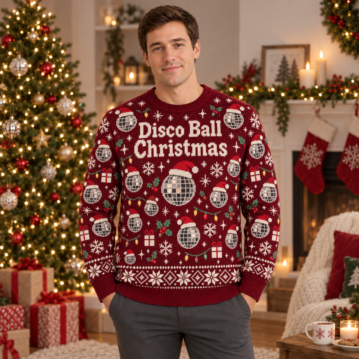 [popular-sweater:PX-15-12:male] Disco Ball Christmas Ugly Christmas Sweatshirt - Male view