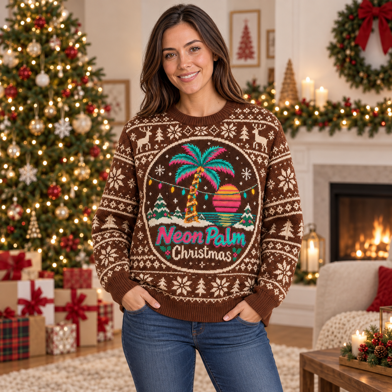 [popular-sweater:PX-15-15:female] Neon Palm Christmas Ugly Christmas Sweatshirt - Female view